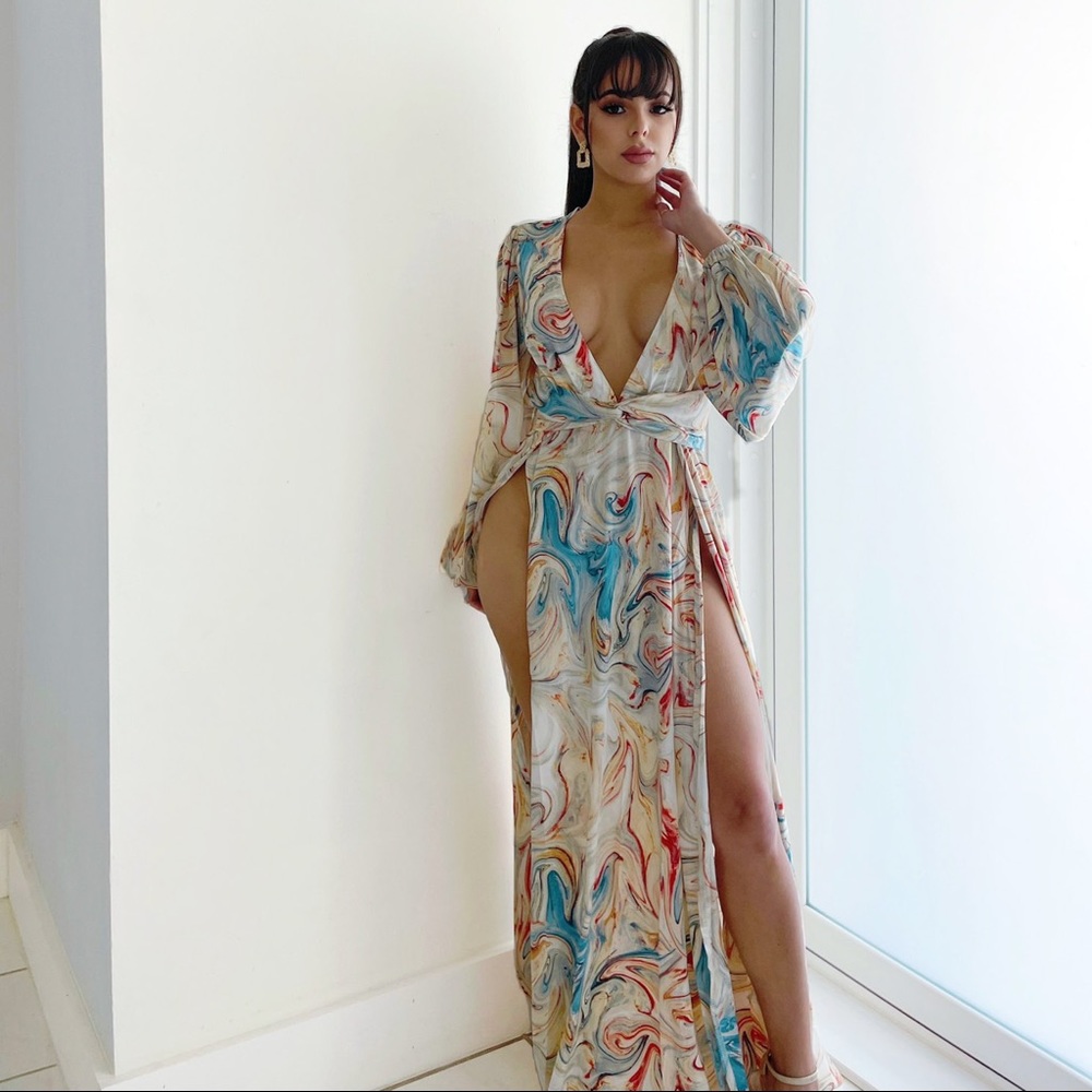 Luxxel Cream Maxi Dress with Blue and Red Marble Print